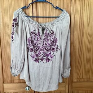 White House Black Market Off-Shoulder Blouse with Purple Floral Design
